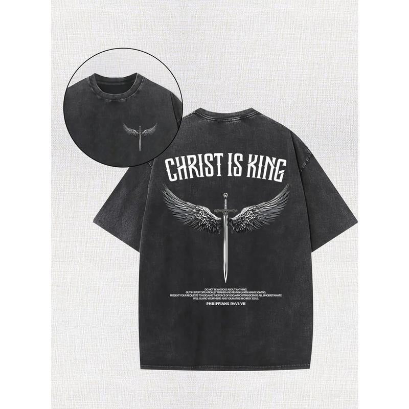 Men's Retro Washed Cotton Short Sleeve T-shirt with Holy Sword Wings Print Loose Fit Breathable Sweat Absorbent Casual...