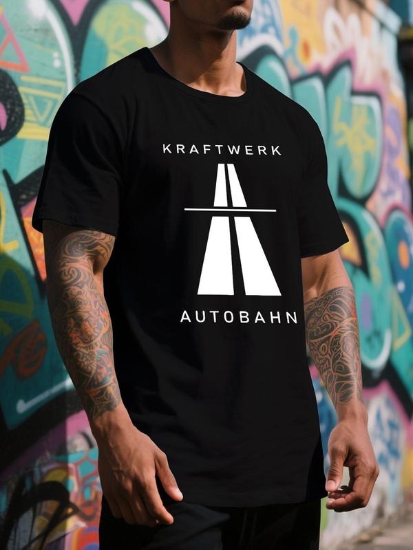 Men's Road & Letter Print Round Neck Tee, Regular Fit Casual Short Sleeve Crew Neck T-shirt for Summer, Fashion Men's Top...