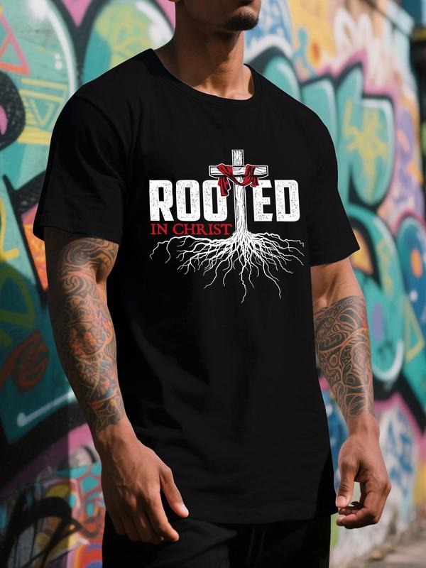 Men's Rooted in Christ Cross & Roots Print Short Sleeve Graphic Tee, Casual Comfy T-shirt for Summer, Men's Top for Daily...