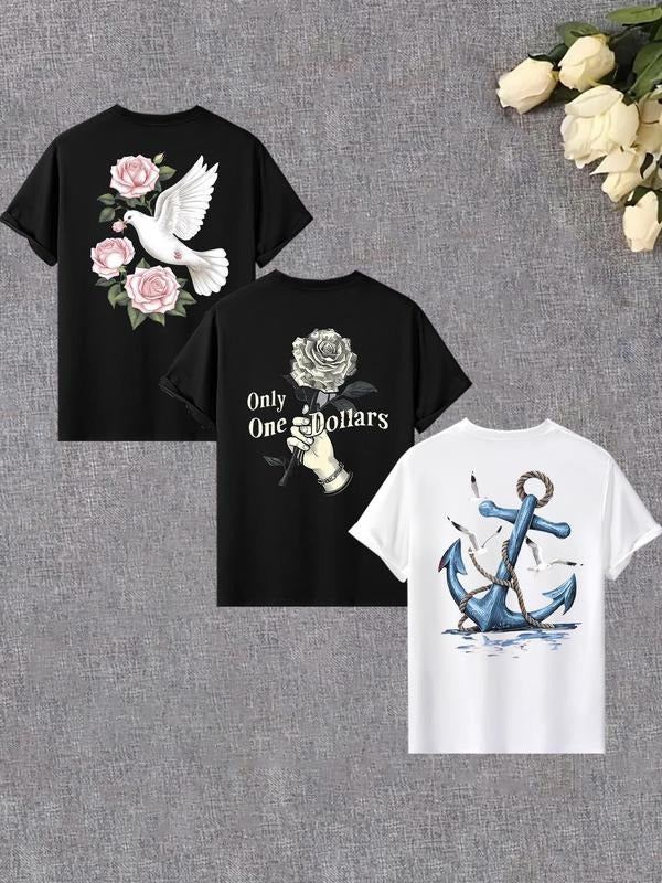 Men's Rose & Anchor & Letter Print Round Neck Tee, Regular Fit Casual Short Sleeve T-shirt for Summer, Men's Top for...