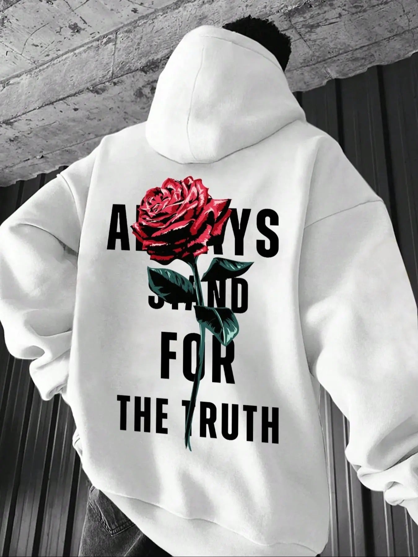 Men's Rose & Letter Print Hoodie, Fashion Casual Drawstring Pocket Hooded Sweatshirt for Daily Holiday Outdoor Wear, Men...