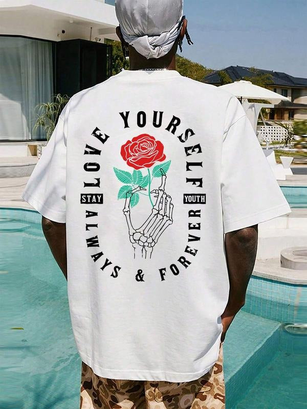 Men's Rose & Letter Print Round Neck Graphic Tee, Regular Fit Casual Short Sleeve T-shirt for Summer, Men's Top for Daily...