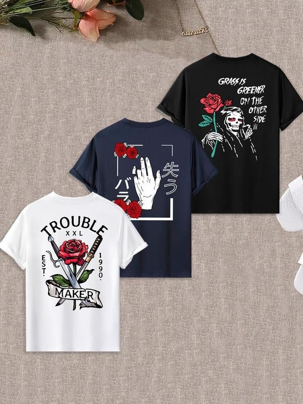 Men's Rose & Letter Print Round Neck Tee, Casual Short Sleeve Crew Neck T-shirt for Summer, Men's Top for Daily Wear...