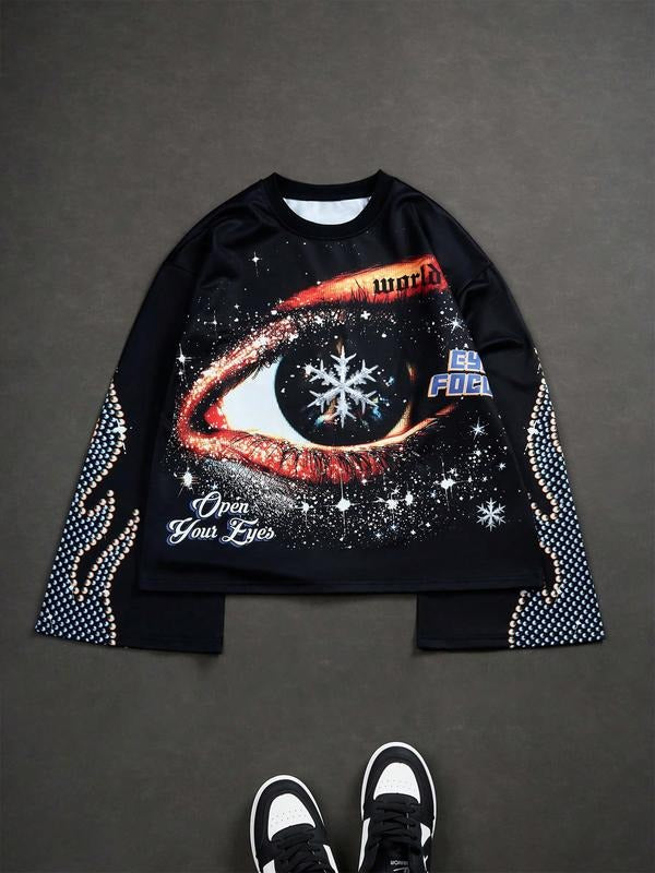 Men's Round Neck Flounce Sleeve Printed Long Sleeve T-Shirt Top, Casual Fashion Tee for Daily Wear, Comfortable and...