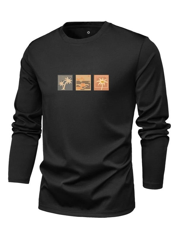 Men's Round Neck Long Sleeve Graphic Tee, Regular Fit Crew Neck T-Shirt for All Seasons, Men's Top for Casual Outdoor...