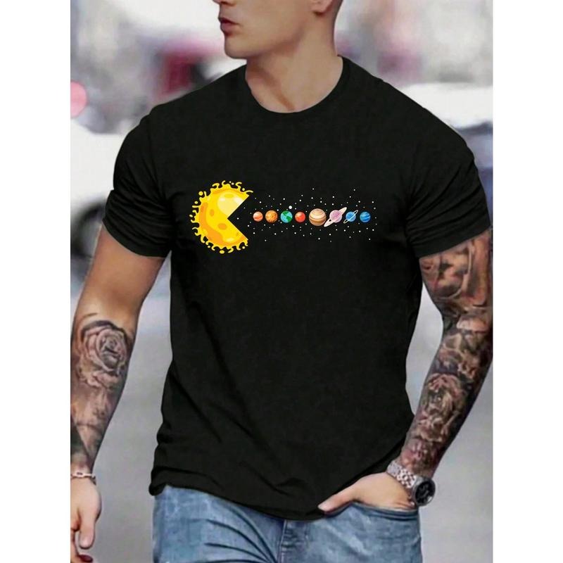 Men's Round Neck Planet Print Short Sleeve Casual Loose T-Shirt Hoodie, Sweatshirt | HypeCrazeTee.com