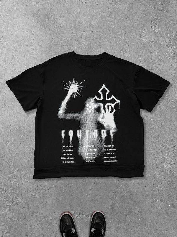Men's Round Neck Tee, Regular Fit Casual Cross & Letter Print Short Sleeve T-shirt for Summer, Men's Top for Daily Wear...