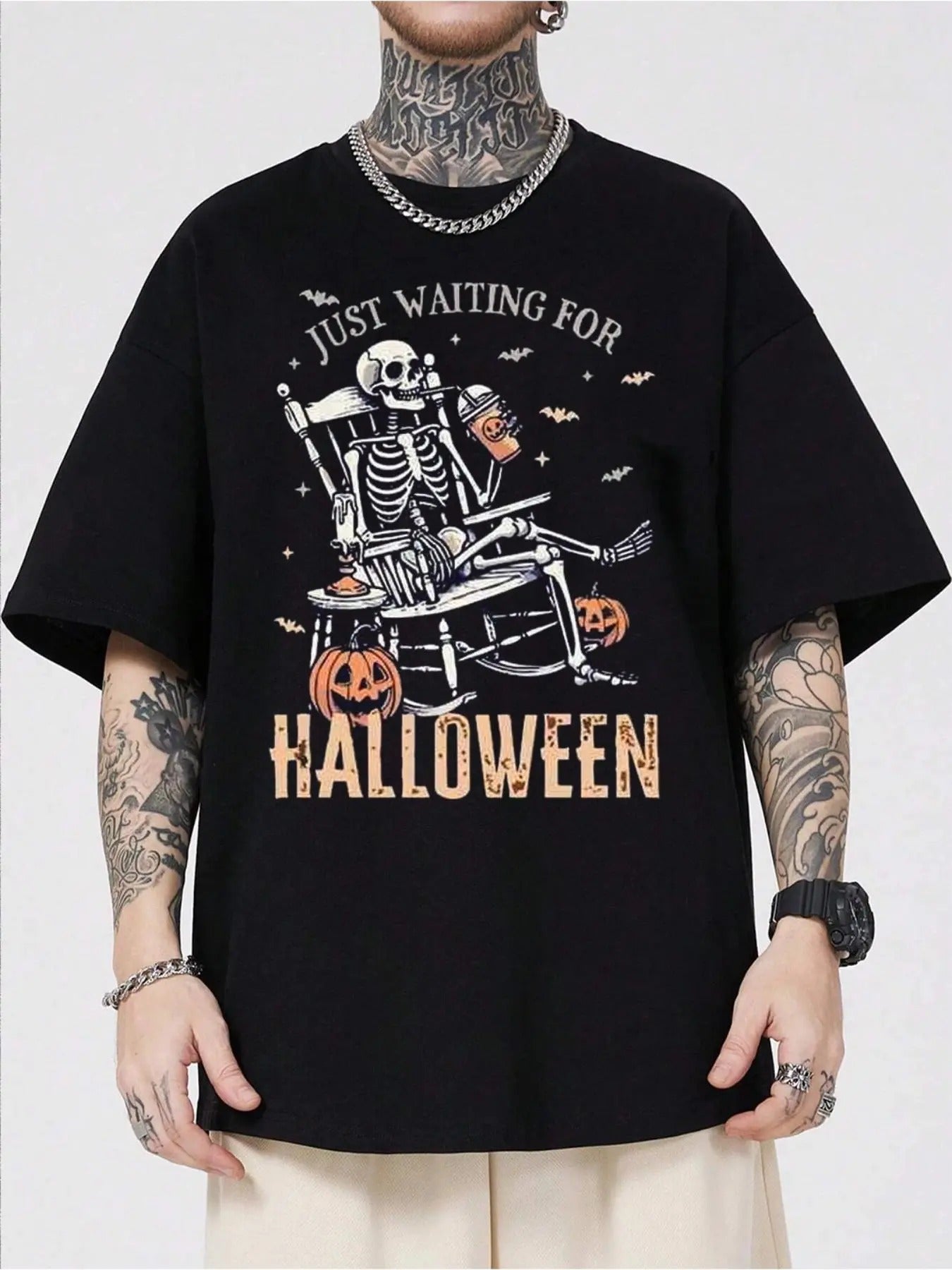 Men's Skeleton & Letter Print Drop Shoulder Tee, Regular Fit Casual Comfy Half Sleeve T-shirt for Summer, Fashion Men's...