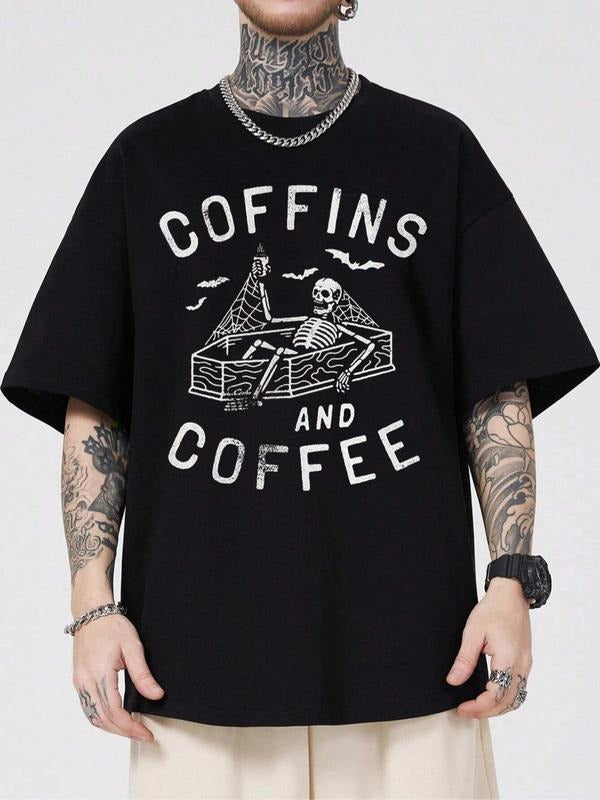 Men's Skeleton & Letter Print Drop Shoulder Tee, Regular Fit Casual Comfy Round Neck Half Sleeve T-shirt for Summer,...