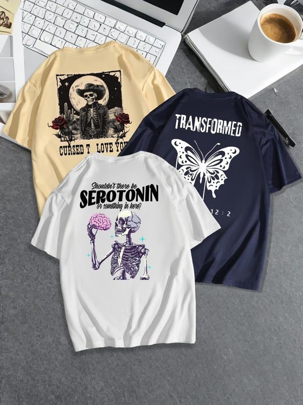Men's Skeleton & Letter Print Round Neck Tee, Regular Fit Casual Short Sleeve T-shirt for Summer, Men's Top for Daily...