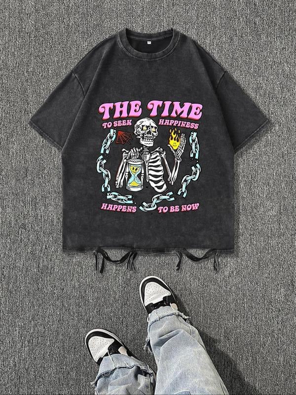 Men's Skeleton Print Round Neck Tee, Regular Fit Casual Short Sleeve Crew Neck T-Shirt for Daily Wear, Men's Top for All...