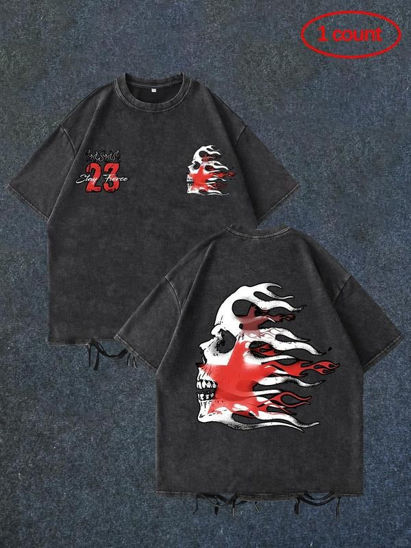Men's Skull & Fire Print Short Sleeve Graphic Tee, Regular Fit Casual Round Neck T-shirt for Summer, Men's Top for Daily...