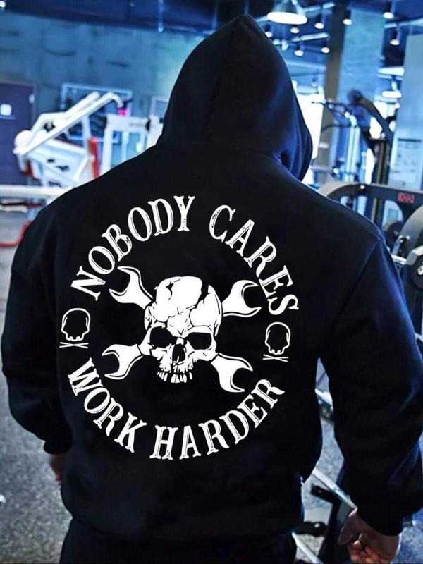 Men's Skull & Letter Print Drop Shoulder Hoodie, Fashion Casual Loose Drawstring Pocket Hooded Sweatshirt for Daily...