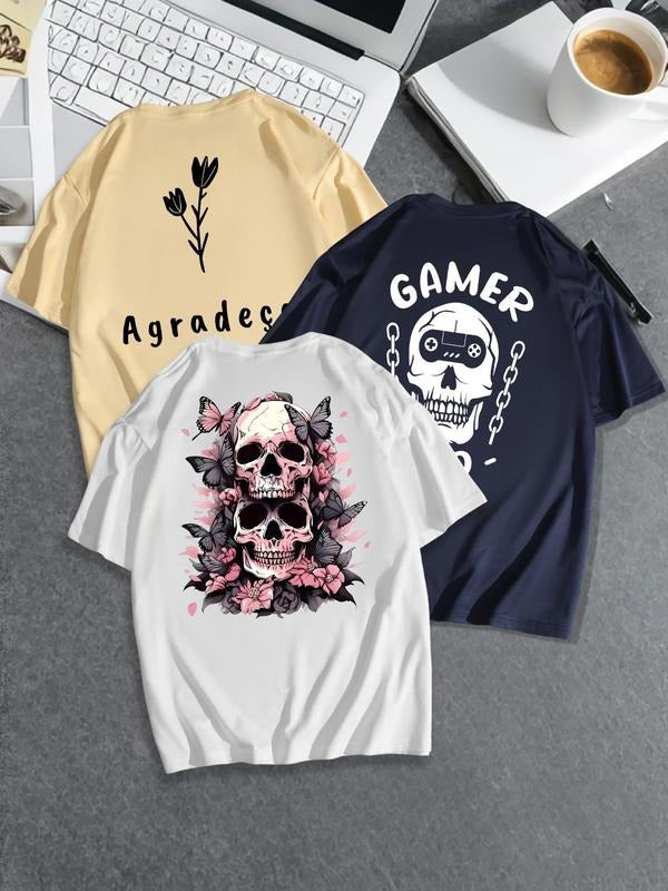 Men's Skull & Letter Print Graphic Tee, Regular Fit Casual Short Sleeve Round Neck T-shirt for Summer, Men's Top for...