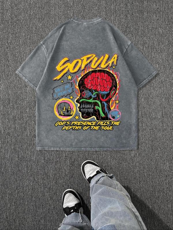 Men's Skull & Letter Print Short Sleeve Graphic Tee, Regular Fit Casual Round Neck T-shirt for Summer, Men's Top for...