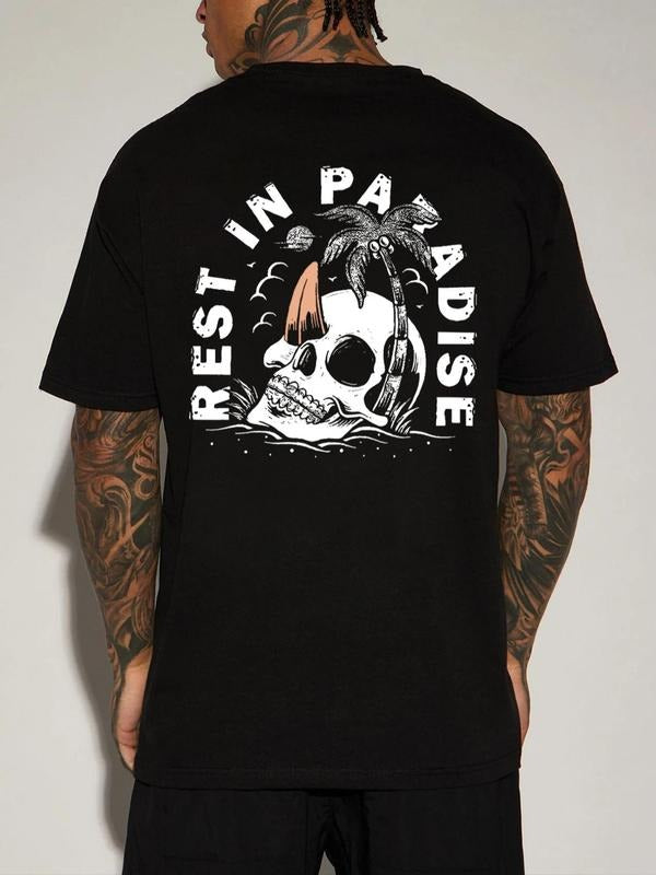 Men's Skull & Palm Tree Print Drop Shoulder Tee, Regular Fit Street Short Sleeve Round Neck Graphic T-Shirt for Daily...
