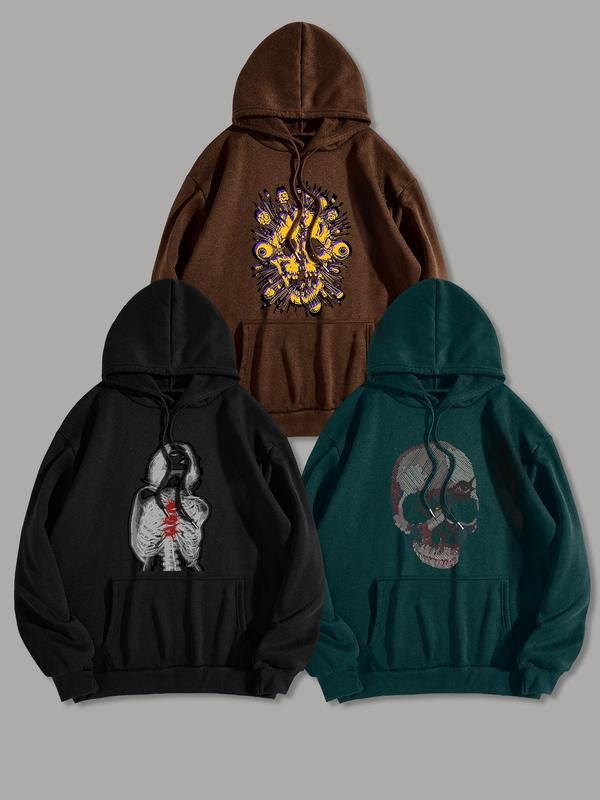 Men's Skull & Skeleton Print Drop Shoulder Hoodie, Casual Regular Fit Drawstring Pocket Hooded Sweatshirt for Spring &...