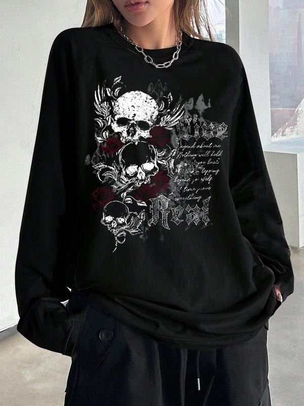 Men's Skull Letter Print Loose Fit Casual Streetwear Long Sleeve T-Shirt, Y2K Minimalist Style Comfortable Unique Summer...