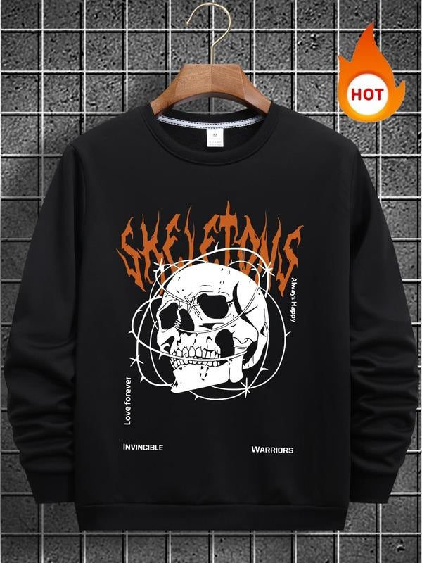 Men's Skull Print Round Neck Sweatshirt, Regular Fit Casual Long Sleeve Crew Neck Pullover for Fall & Winter, Fashion...