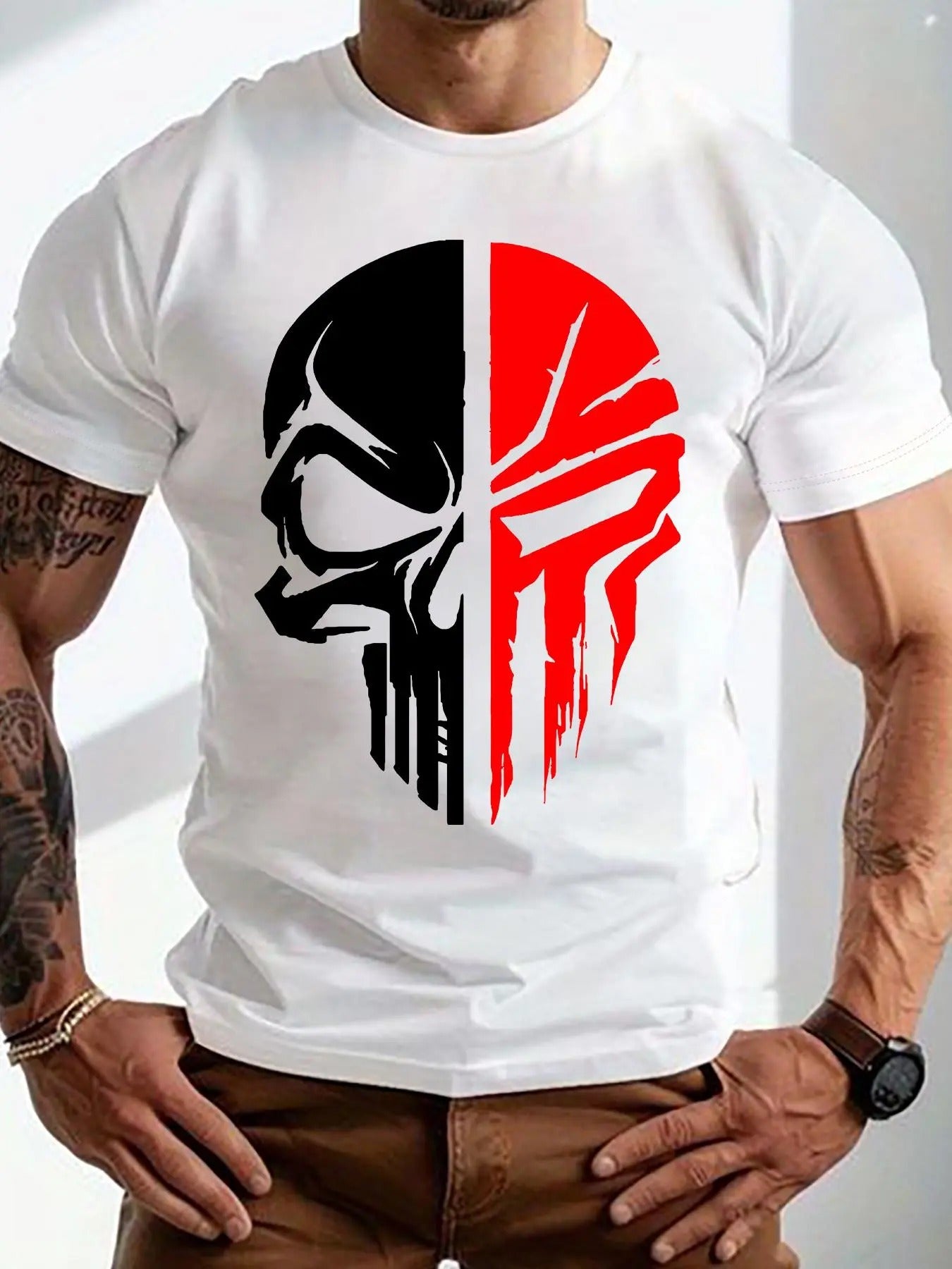 Men's Skull Print Round Neck Tee, Casual Short Sleeve T-shirt for Summer, Fashion Men's Regular Fit Top for Daily Wear,...