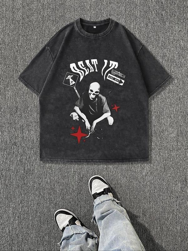 Men's Skull Print Round Neck Tee, Regular Fit Casual Short Sleeve Crew Neck T-Shirt for Summer, Fashion Men's Top for...