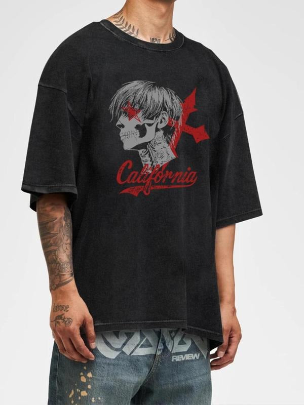 Men's Skull Print Short Sleeve Graphic Tee, Casual Comfy Round Neck T-shirt for Summer, Fashion Men's Top for Daily Wear,...