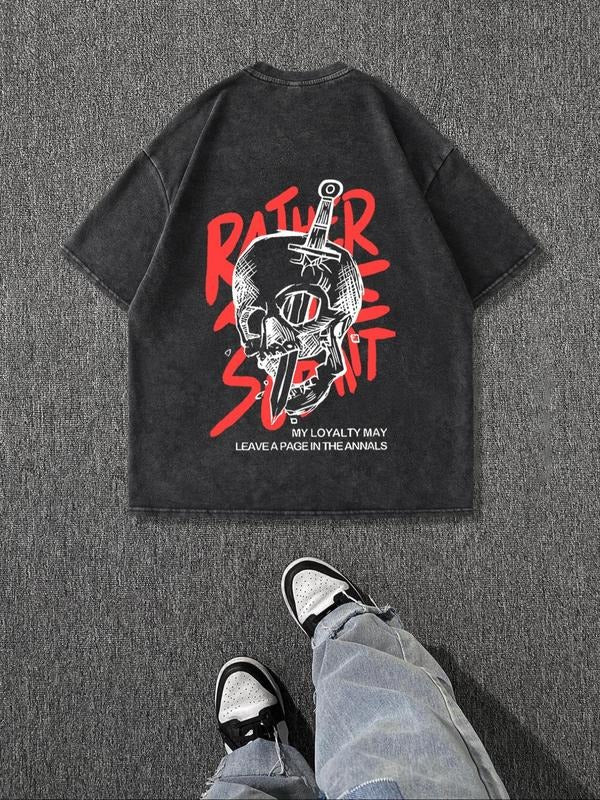 Men's Skull Print Short Sleeve Graphic Tee, Regular Fit Casual Retro Round Neck T-shirt for Summer, Men's Top for Daily...