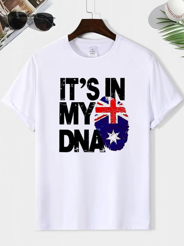 Men's Slogan & Flag Print Round Neck Tee, Loose Casual Fashion Short Sleeve T-shirt for Summer, Men's Top for Daily Wear...