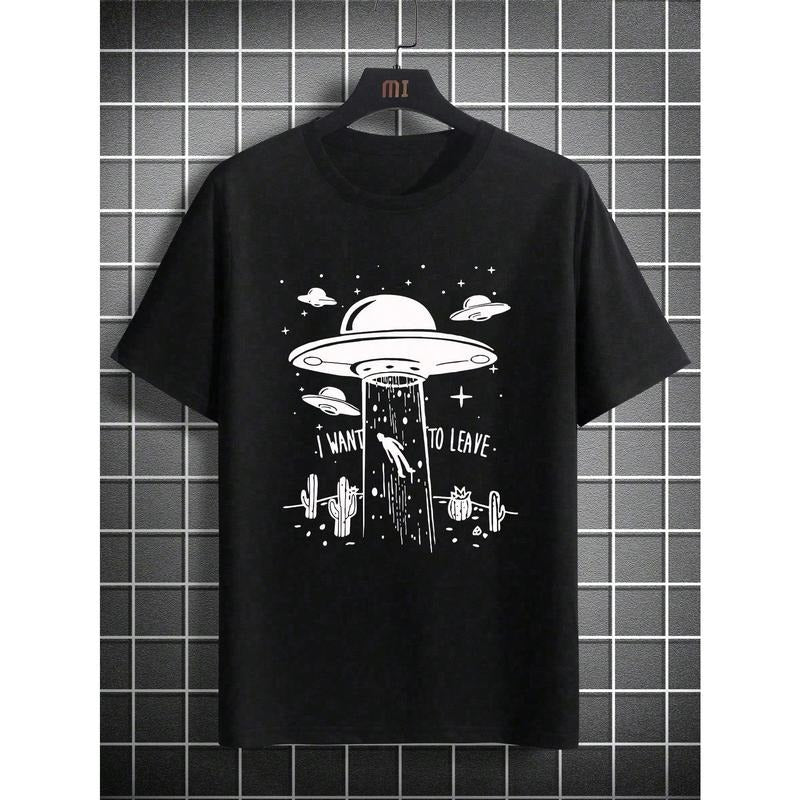 Men's Slogan Spaceship Print Round Neck Loose Short Sleeve Casual T-Shirt Hoodie, Sweatshirt | HypeCrazeTee.com