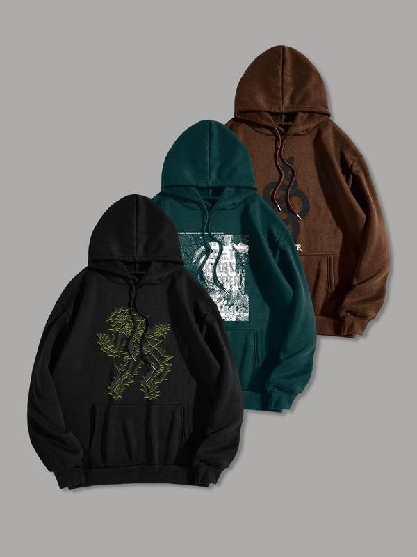 Men's Snake & Letter Print Drop Shoulder Drawstring Hoodie, Casual Kangaroo Pocket Long Sleeve Hooded Sweatshirt, Men's...
