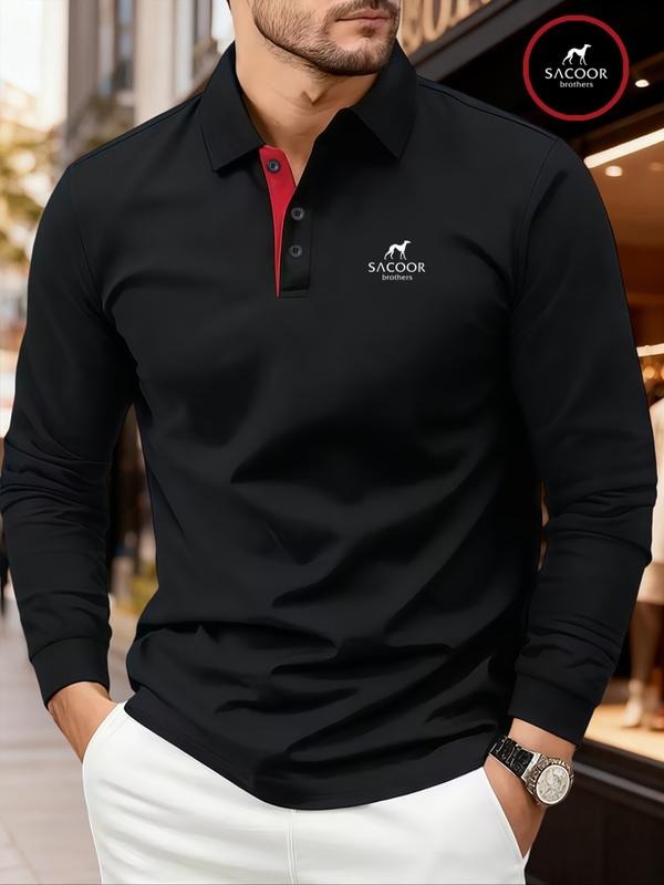 Men's Solid Color Long Sleeve Polo Shirt, High-End Fashion Fabric, Casual Sports Leisure Wear, All Seasons, Geometric...