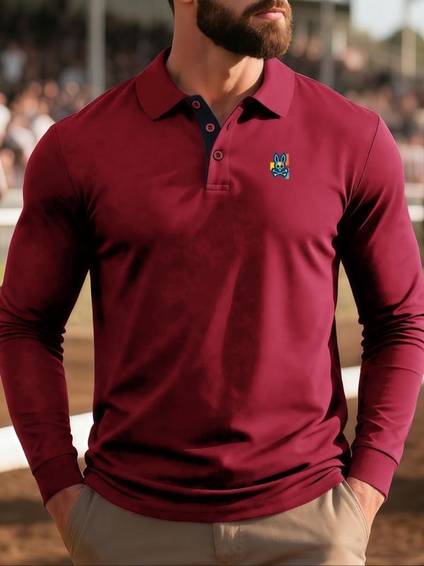 Men's Solid Color Long Sleeve Polo Shirt, High Fashion Comfortable Fabric, Casual Sporty Style, All Seasons Wear, Skull...