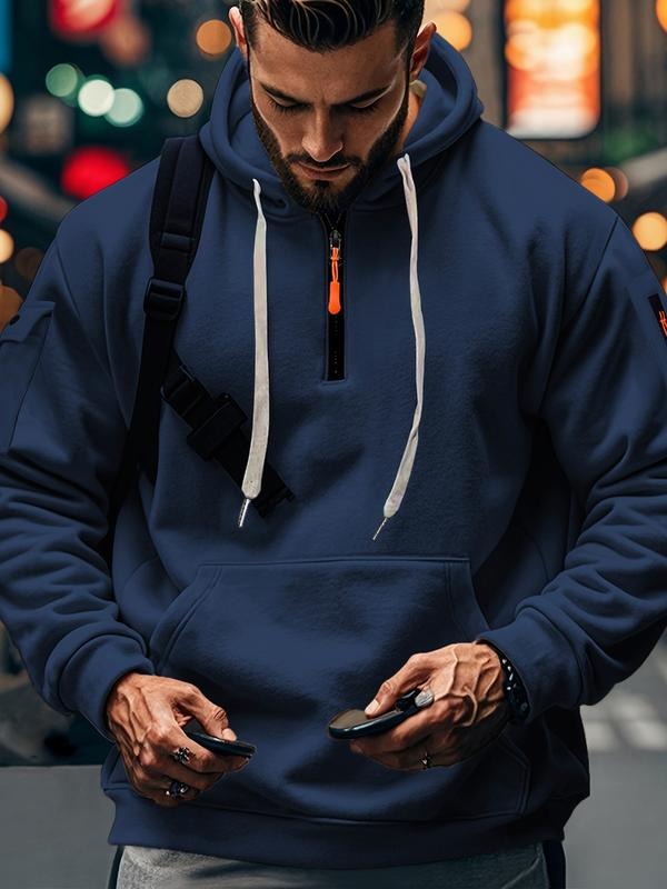 Men's Solid Drawstring Pocket Drop Shoulder Hoodie, Casual Comfy Regular Fit Zipper Hooded Sweatshirt for Daily Wear,...