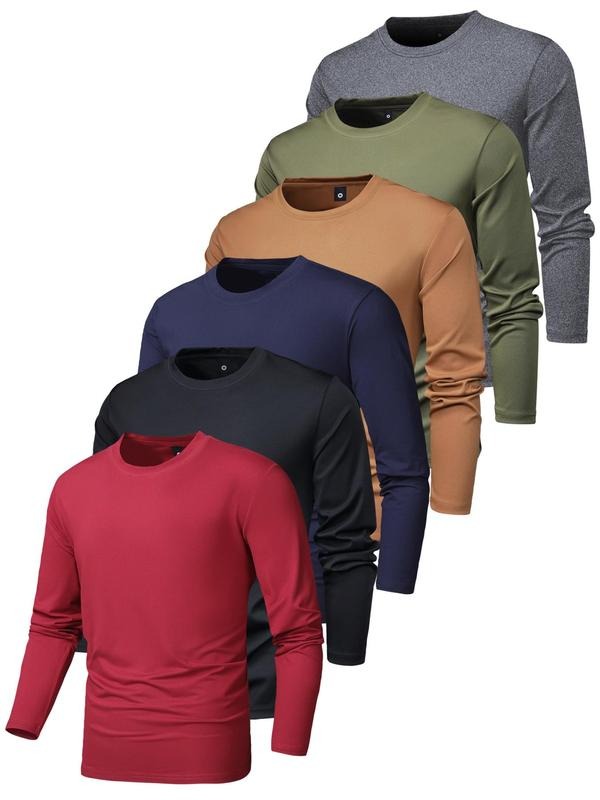 Men's Solid Long Sleeve Tee, Regular Fit Round Neck T-shirt for Spring & Fall, Casual Men's Top for Outdoor Daily...