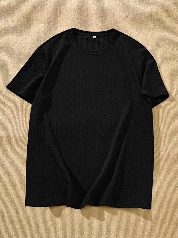 Men's Solid Ribbed Short Sleeve Tee, Regular Fit Casual Comfy Round Neck T-shirt for Summer, Fashion Men's Top for Daily...