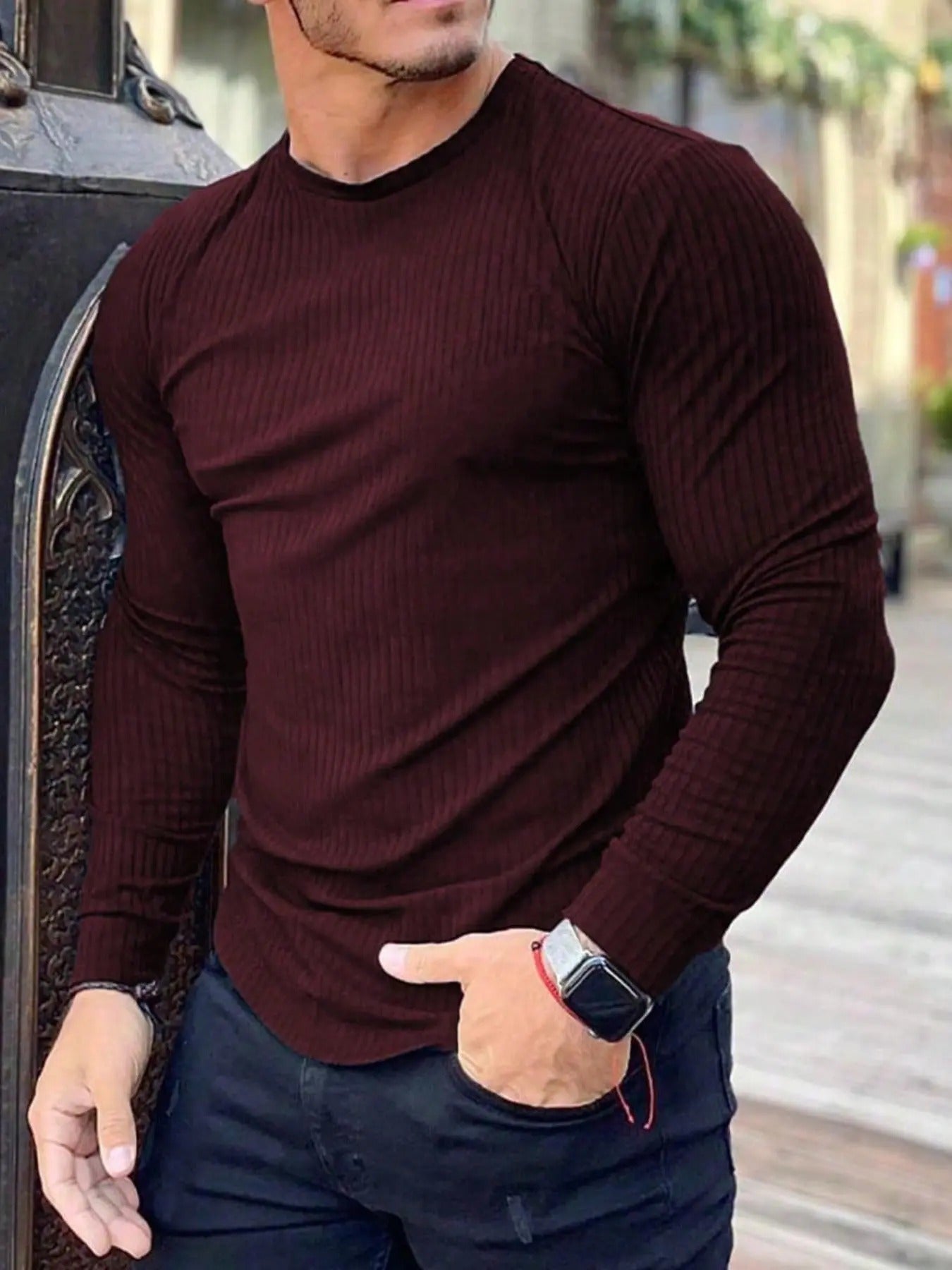 Men's Solid Round Neck Ribbed Tee, Regular Fit Casual Long Sleeve Crew Neck T-shirt for Fall & Winter, Men's Top for...
