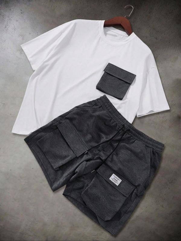 Men's Solid Short Sleeve Tee & Pocket Shorts Loungewear, Loose Casual Comfy Round Neck T-Shirt & Shorts PJ Set, Men's...