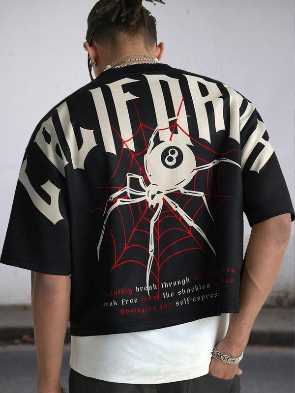Men's Spider & Letter Print Short Sleeve Graphic Tee, Regular Fit Casual Fashion T-shirt for Summer, Men's Top for Daily...