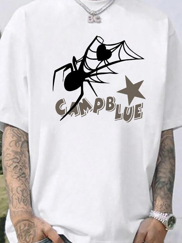 Men's Spider Print Drop Shoulder Tee, Casual Comfy Round Neck Short Sleeve T-Shirt for Summer, Fashion Men's Top for...