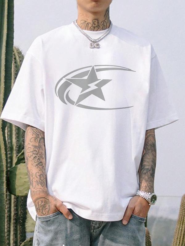 Men's Star Print Drop Shoulder Tee, Regular Fit Casual Half Sleeve Round Neck T-shirt, Fashion Men's Summer Top for Daily...