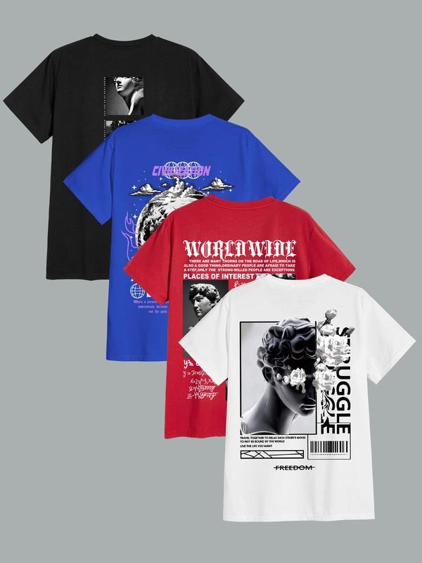 Men's Statue & Letter Print Round Neck Tee, Regular Fit Casual Short Sleeve T-shirt, Men's Summer Top for Daily Wear...