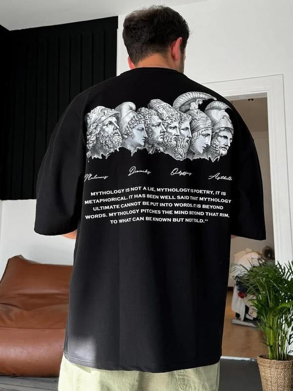 Men's Statue Print Round Neck Tee, Street Crew Neck Short Sleeve T-shirt for Men, Casual Comfy Knitting Top for Summer,...