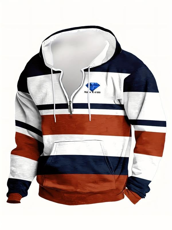 Men's Striped Print Hooded Long Sleeve Sweatshirt, Casual Fashion Pullover for Fall & Winter, Comfortable Streetwear for...