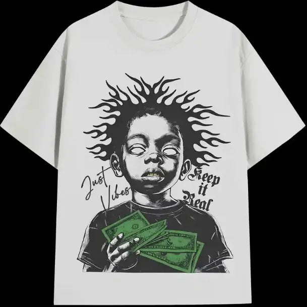Men's Style Hip-Hop Punk High-Street Casual T-Shirt with Vintage Artistic Money Print, 100% Cotton, Crew Neck, Slight...