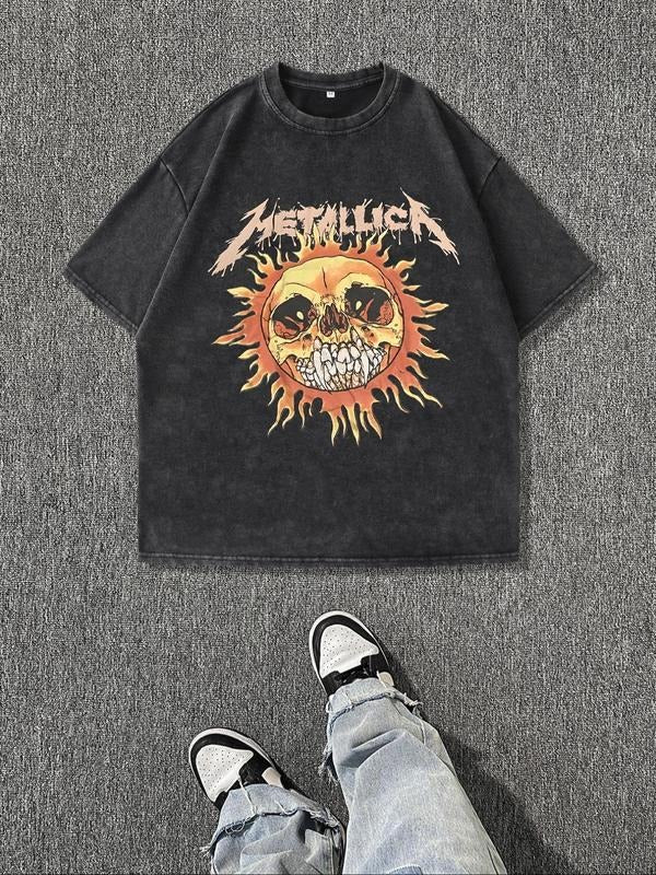 Men's Sun & Skull Print Round Neck Tee, Regular Fit Casual Short Sleeve Crew Neck T-Shirt for Summer, Fashion Men's Top...