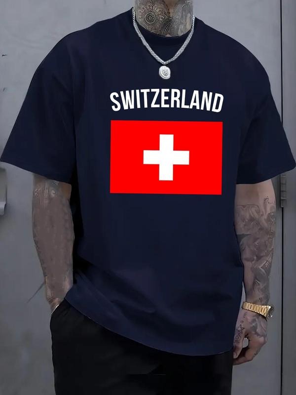 Men's Switzerland Flag Print Round Neck Tee, Regular Fit Casual Short Sleeve Crew Neck T-Shirt for Daily Wear, Men's Top...