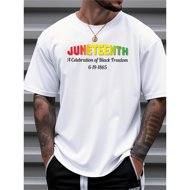 Men's T-shirts, casual style print design, 100% cotton fabric, men's shirts, Juneteenth celebration T-shirts, black...