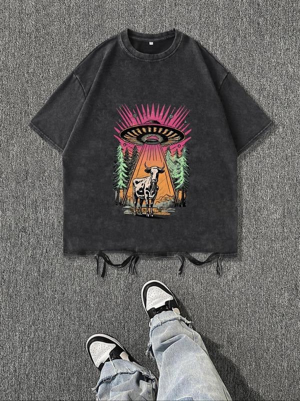 Men's Vintage Alien & Cow Print Short Sleeve Graphic Tee, Casual Comfy Round Neck T-shirt for Daily Wear, Men's Top for...