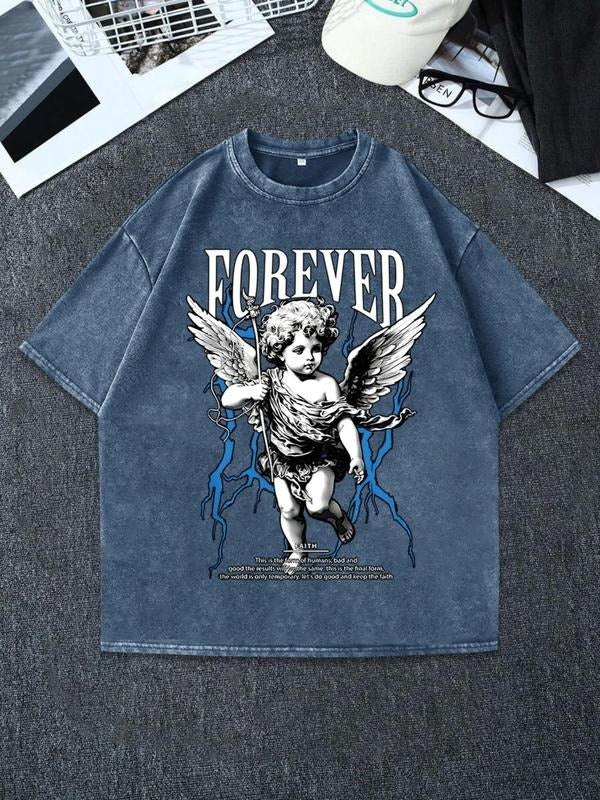 Men's Vintage Angel Print Short Sleeve Graphic Tee, Casual Comfy Round Neck T-shirt for Summer, Fashion Men's Top for...