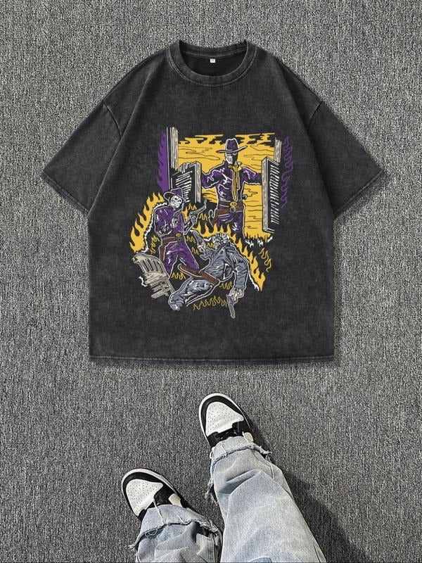 Men's Vintage Graphic Print Round Neck Tee, Regular Fit Casual Short Sleeve T-shirt, Men's Summer Top for Daily Wear,...